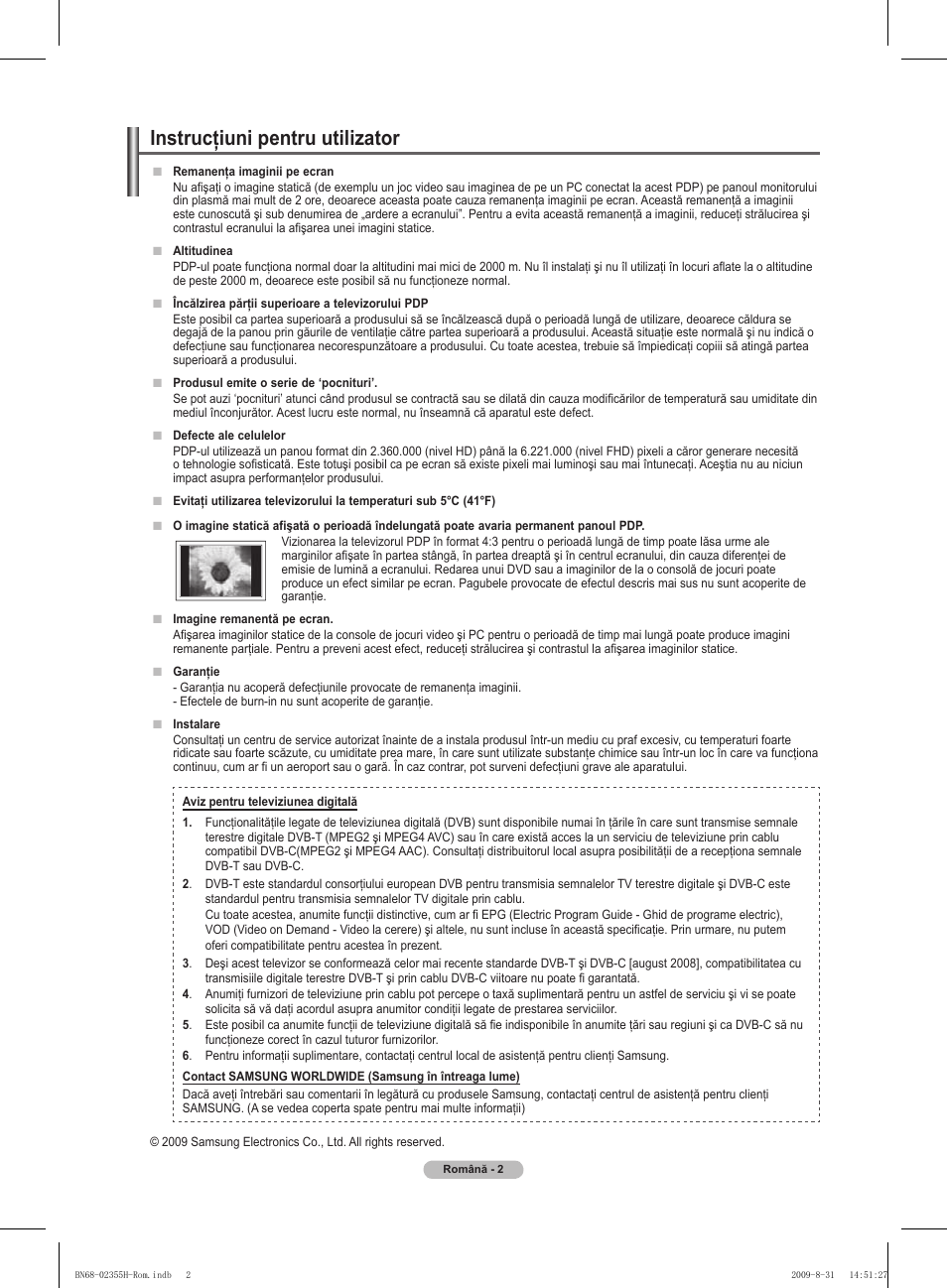 Instrucţiuni pentru utilizator | Samsung PS50B530S2W User Manual | Page 268 / 382