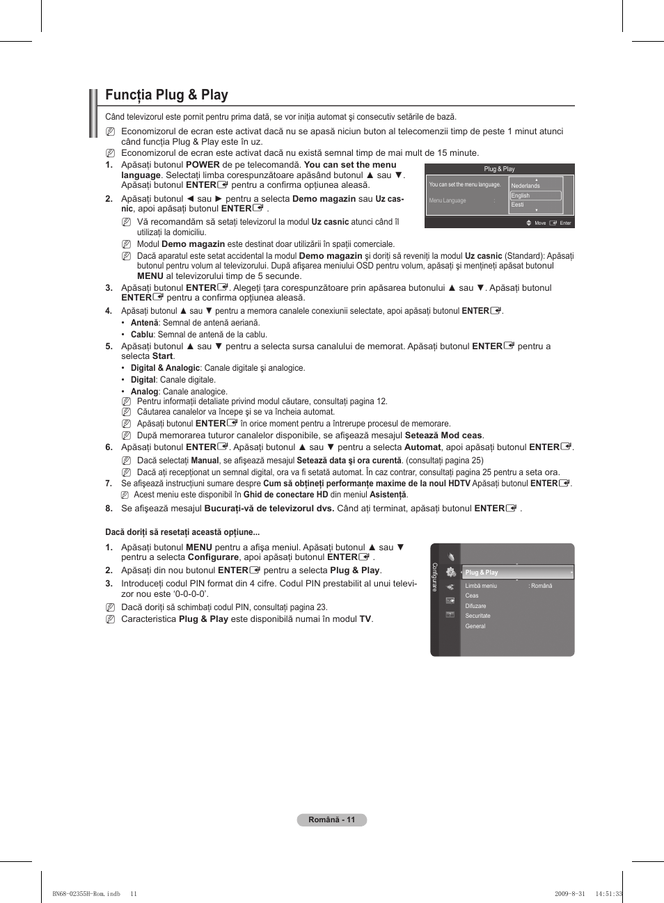 Funcţia plug & play | Samsung PS50B530S2W User Manual | Page 277 / 382