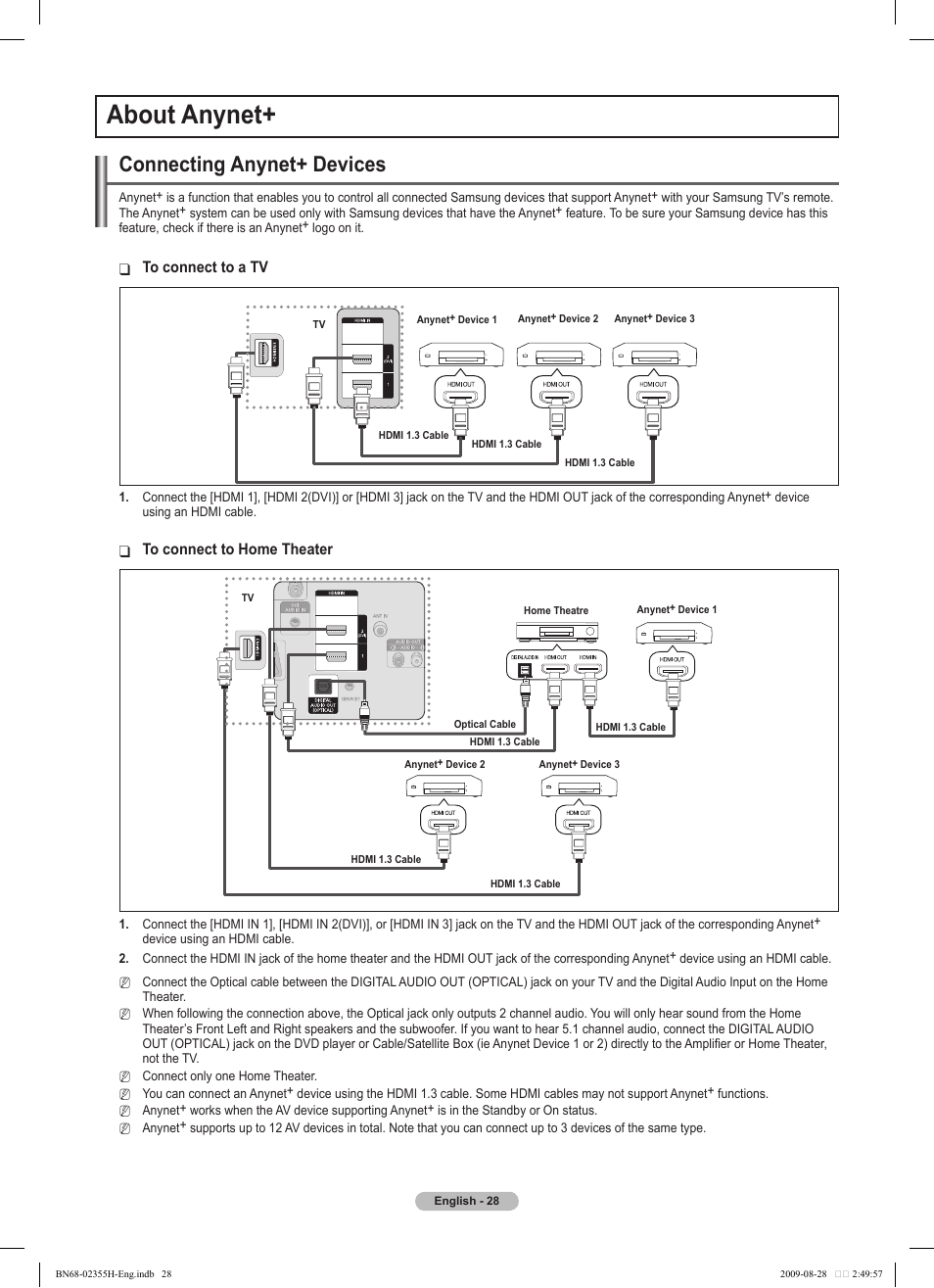 About anynet, Connecting anynet+ devices | Samsung PS50B530S2W User Manual | Page 28 / 382