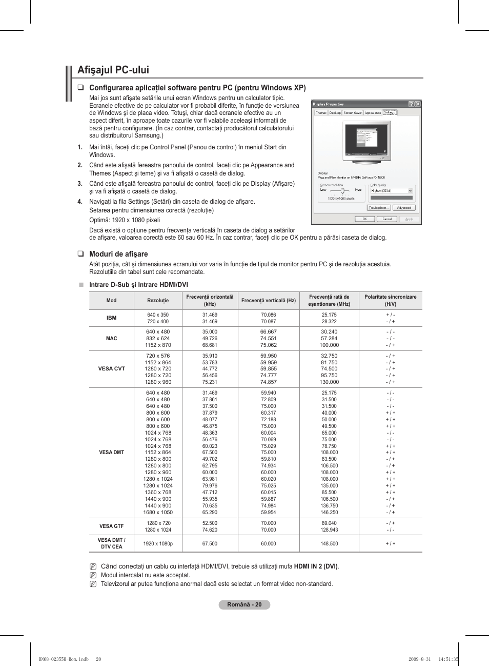 Afişajul pc-ului, Moduri de afişare | Samsung PS50B530S2W User Manual | Page 286 / 382