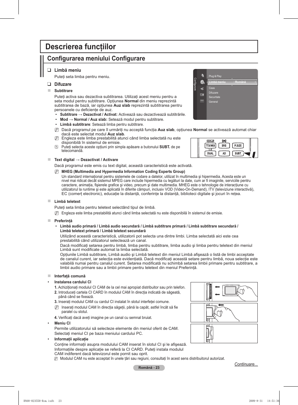 Descrierea funcţiilor, Configurarea meniului configurare | Samsung PS50B530S2W User Manual | Page 289 / 382