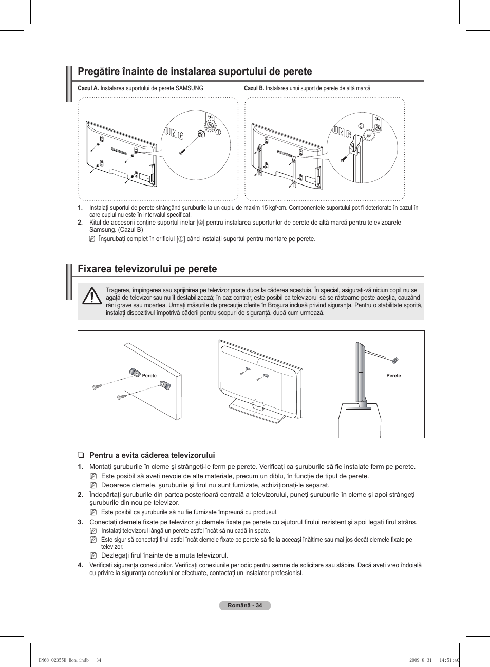 경고 주의 경고 주의, Fixarea televizorului pe perete | Samsung PS50B530S2W User Manual | Page 300 / 382