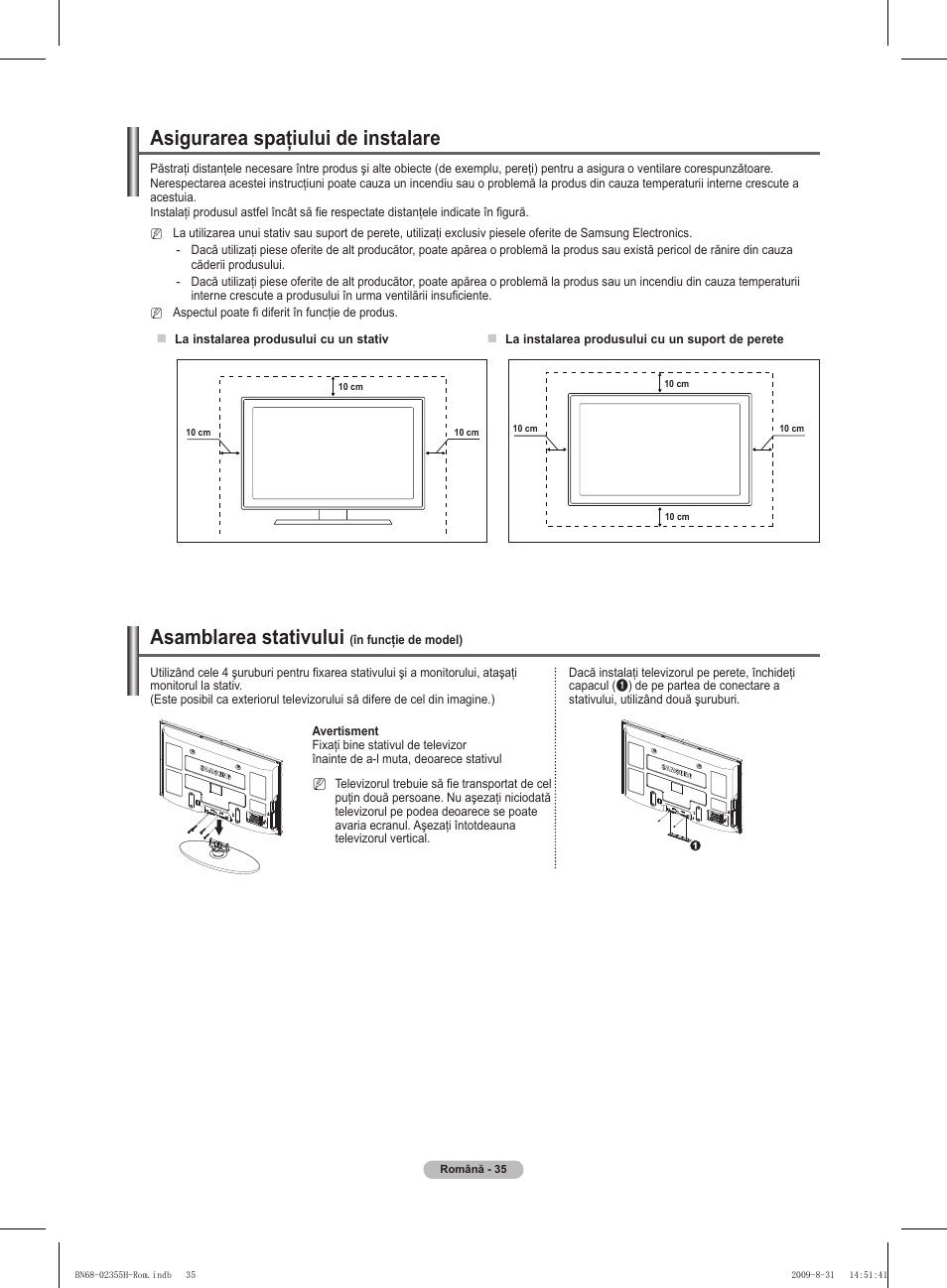 Asigurarea spaţiului de instalare, Asamblarea stativului | Samsung PS50B530S2W User Manual | Page 301 / 382