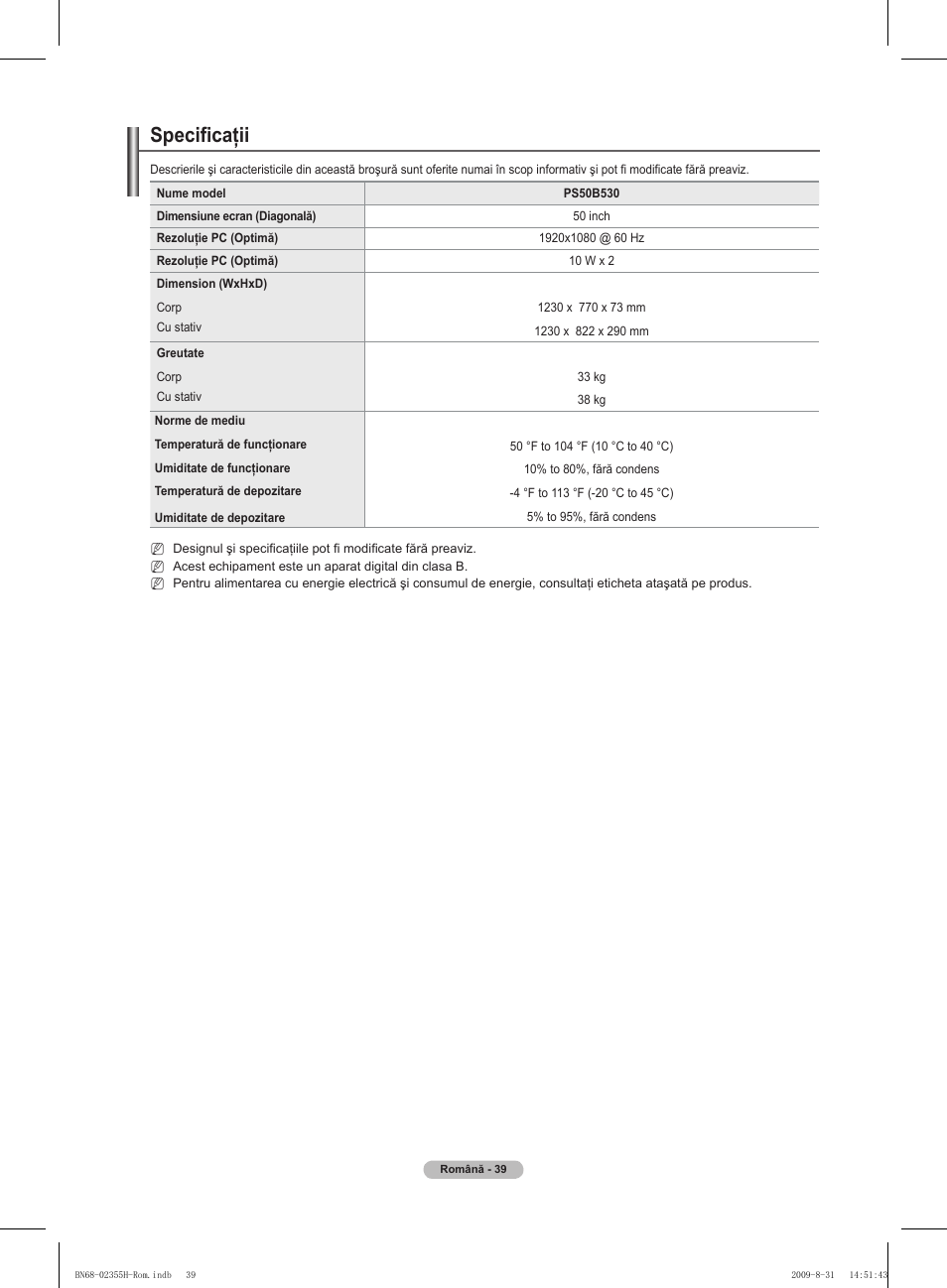 Specificaţii | Samsung PS50B530S2W User Manual | Page 305 / 382