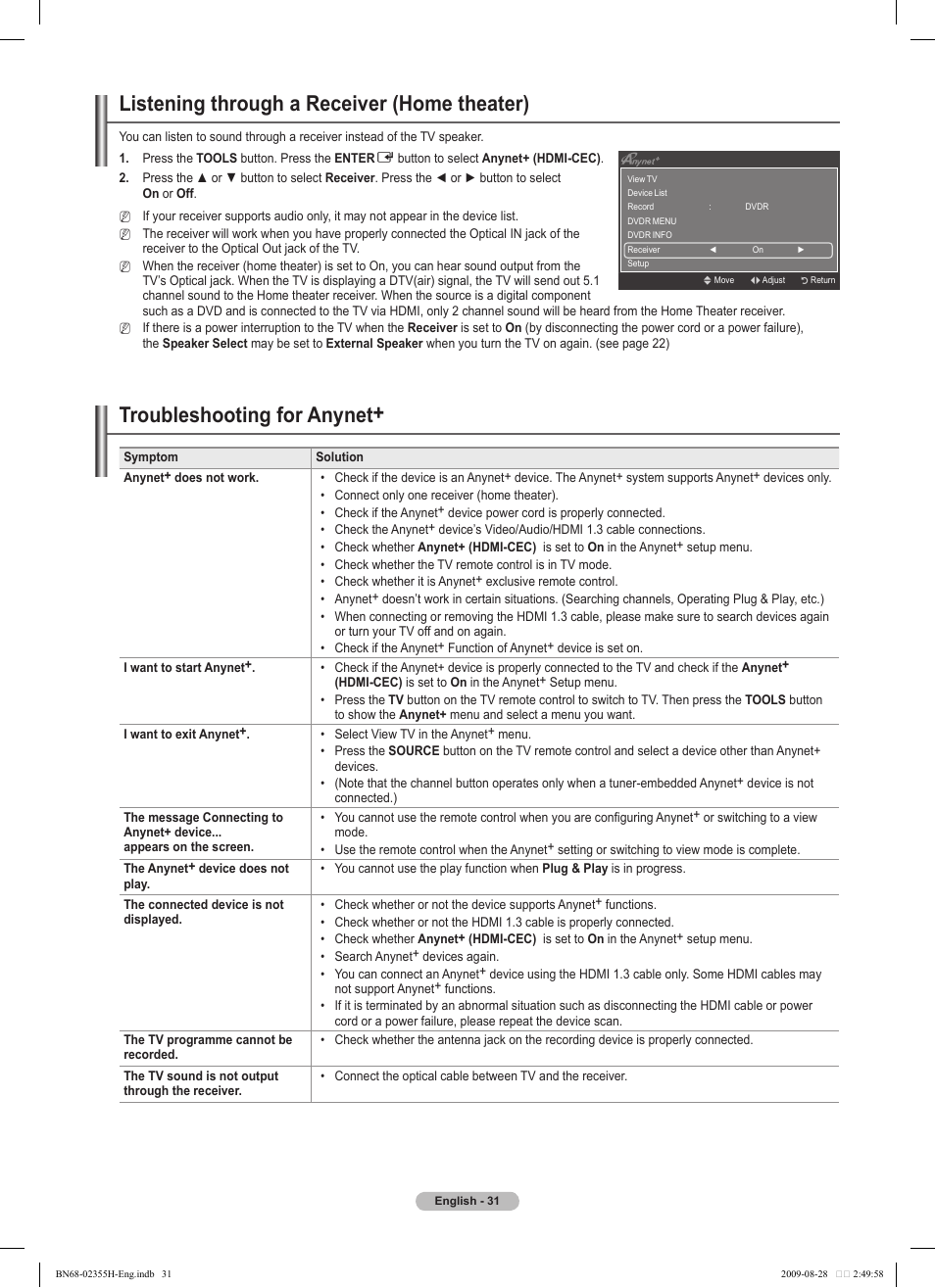 Listening through a receiver (home theater), Troubleshooting for anynet | Samsung PS50B530S2W User Manual | Page 31 / 382