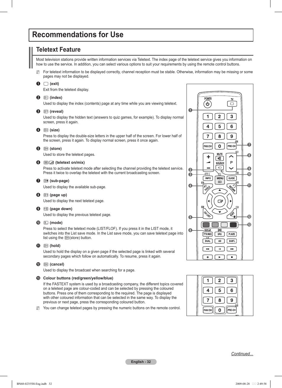 Recommendations for use, Teletext feature | Samsung PS50B530S2W User Manual | Page 32 / 382