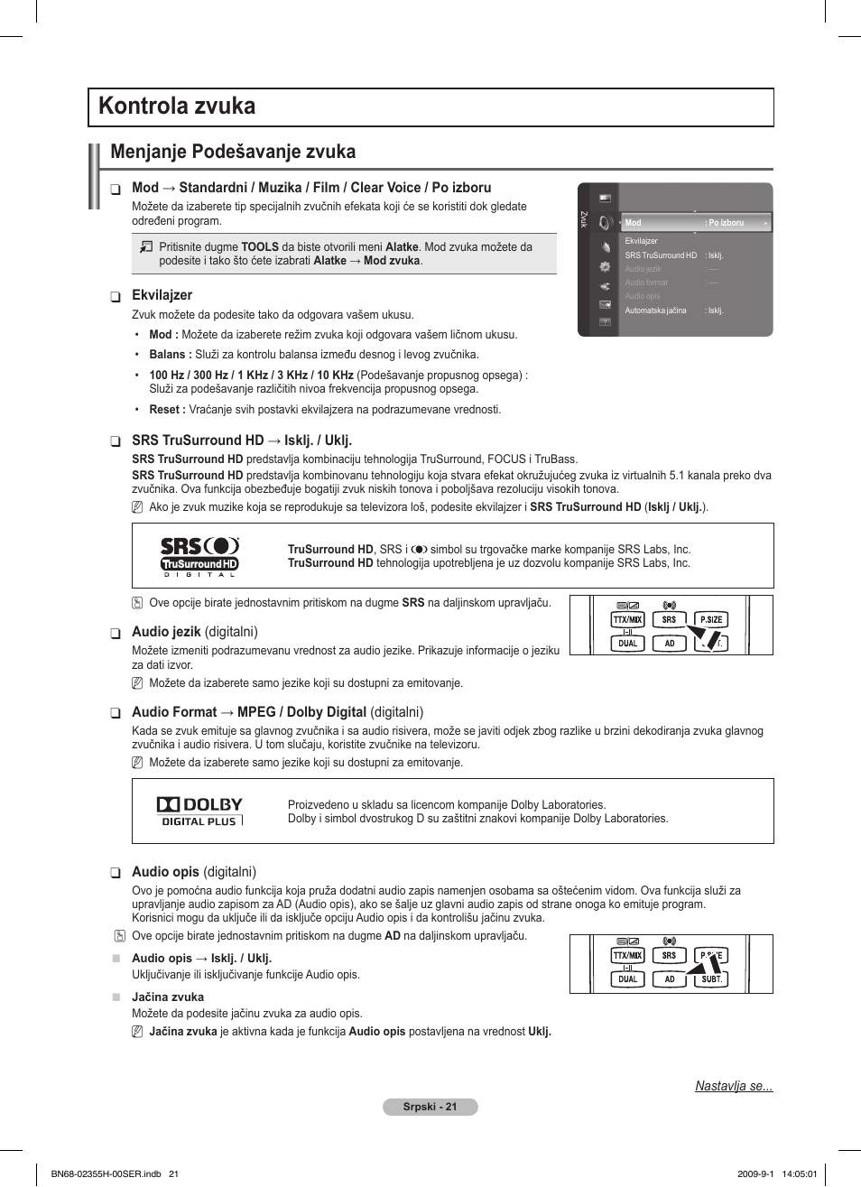 Kontrola zvuka, Menjanje podešavanje zvuka | Samsung PS50B530S2W User Manual | Page 325 / 382