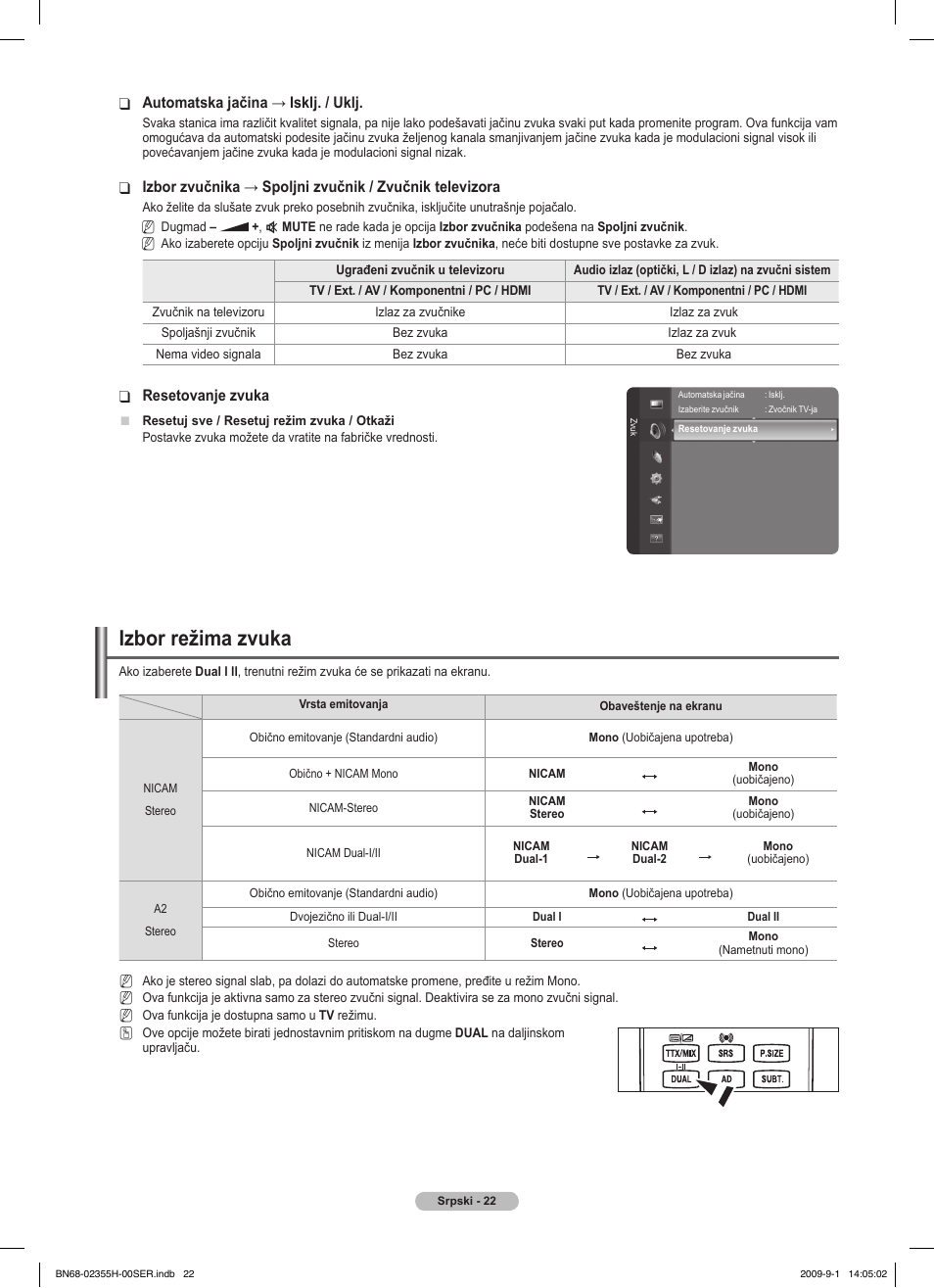 Izbor režima zvuka | Samsung PS50B530S2W User Manual | Page 326 / 382