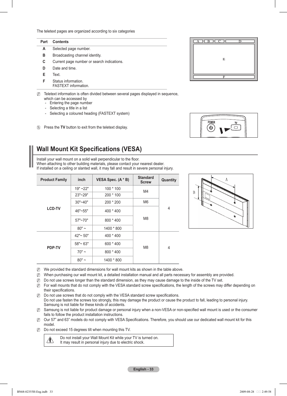 Wall mount kit specifications (vesa) | Samsung PS50B530S2W User Manual | Page 33 / 382