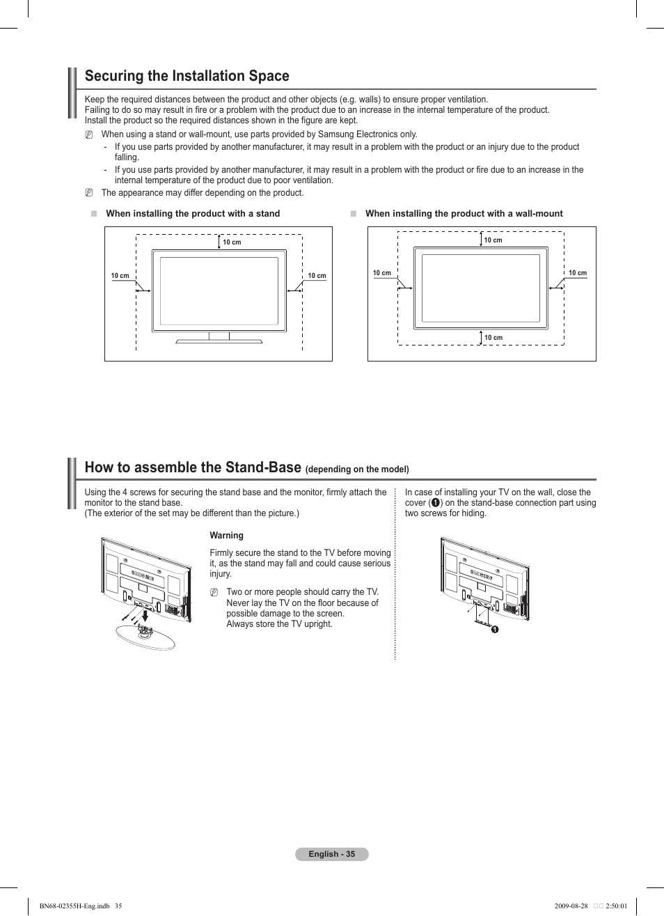 Securing the installation space, How to assemble the stand-base | Samsung PS50B530S2W User Manual | Page 35 / 382