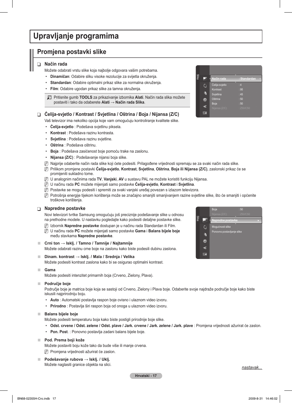 Upravljanje programima, Promjena postavki slike | Samsung PS50B530S2W User Manual | Page 359 / 382