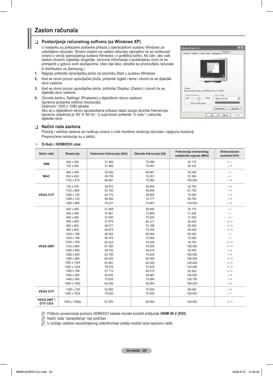 Zaslon računala, Postavljanje računalnog softvera (za windows xp), Načini rada zaslona | Samsung PS50B530S2W User Manual | Page 362 / 382