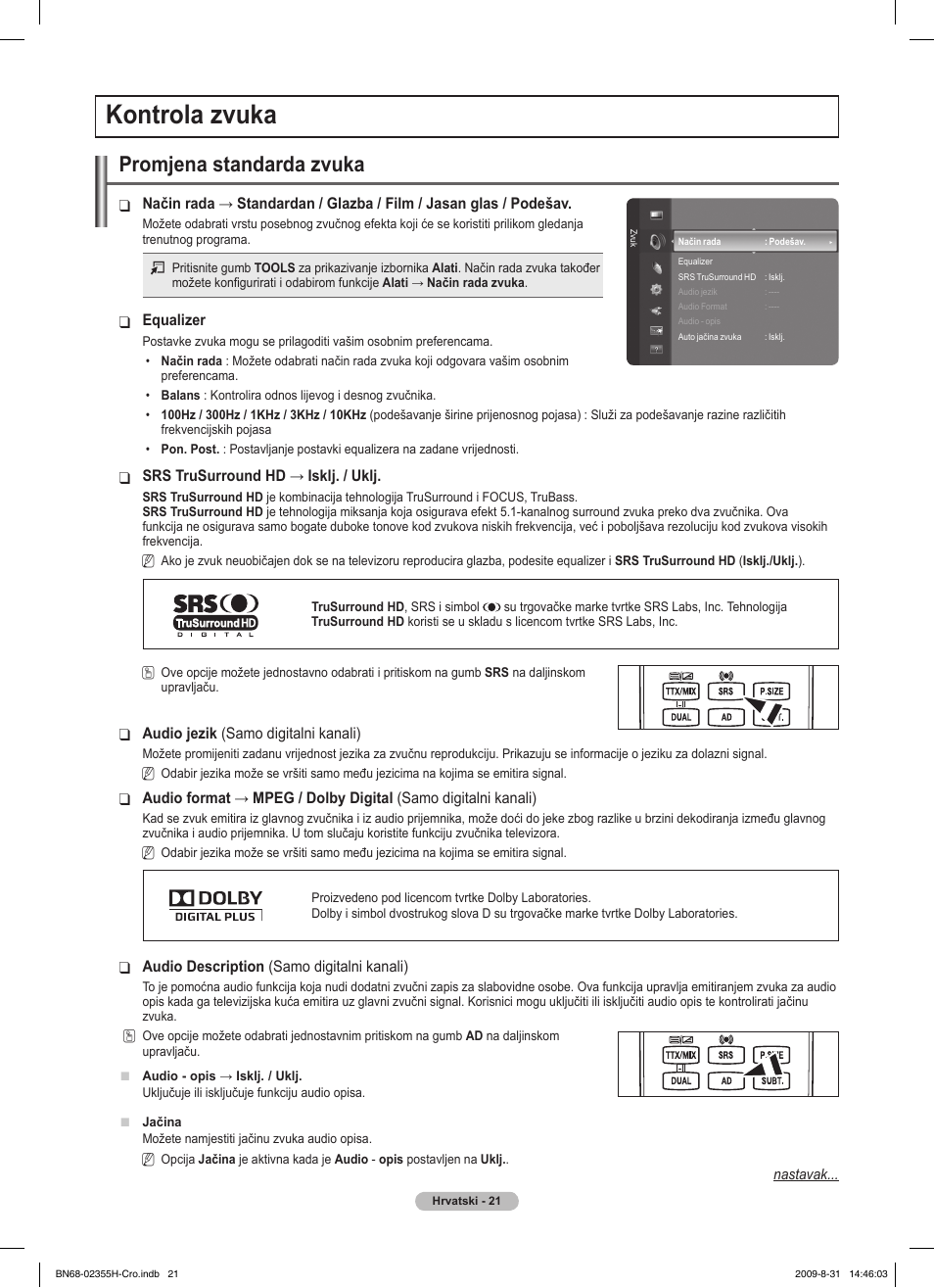 Kontrola zvuka, Promjena standarda zvuka | Samsung PS50B530S2W User Manual | Page 363 / 382