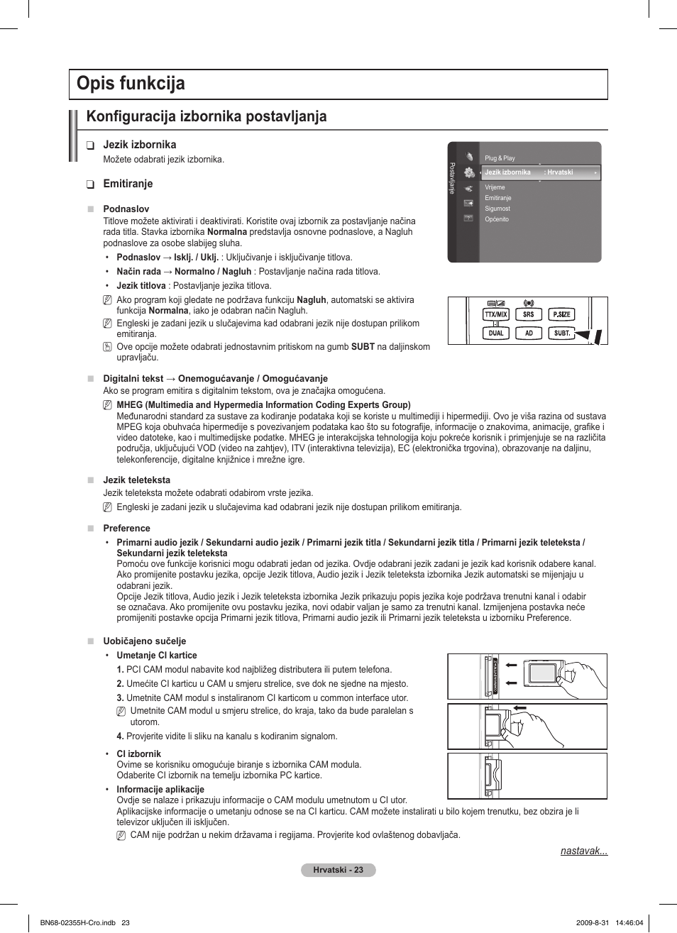Opis funkcija, Konfiguracija izbornika postavljanja | Samsung PS50B530S2W User Manual | Page 365 / 382