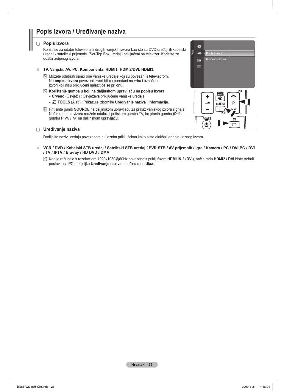 Popis izvora / uređivanje naziva | Samsung PS50B530S2W User Manual | Page 368 / 382