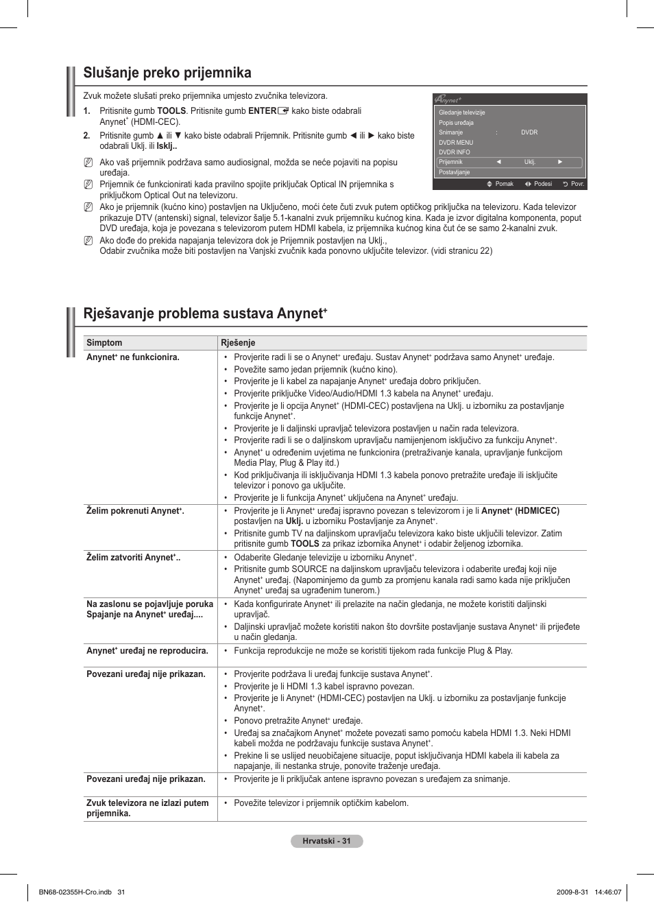 Slušanje preko prijemnika, Rješavanje problema sustava anynet | Samsung PS50B530S2W User Manual | Page 373 / 382