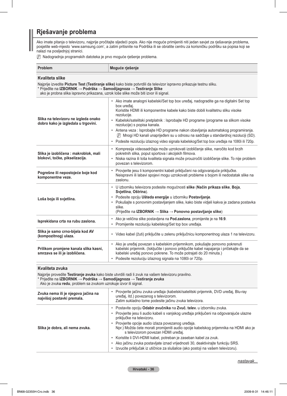 Rješavanje problema | Samsung PS50B530S2W User Manual | Page 378 / 382