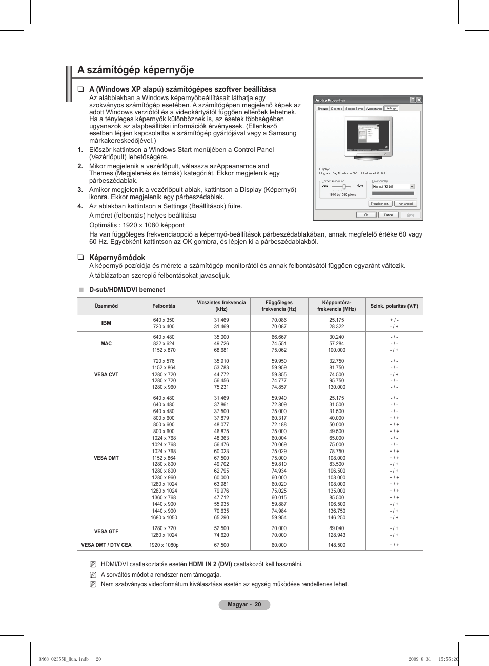 A számítógép képernyője, Képernyőmódok | Samsung PS50B530S2W User Manual | Page 58 / 382