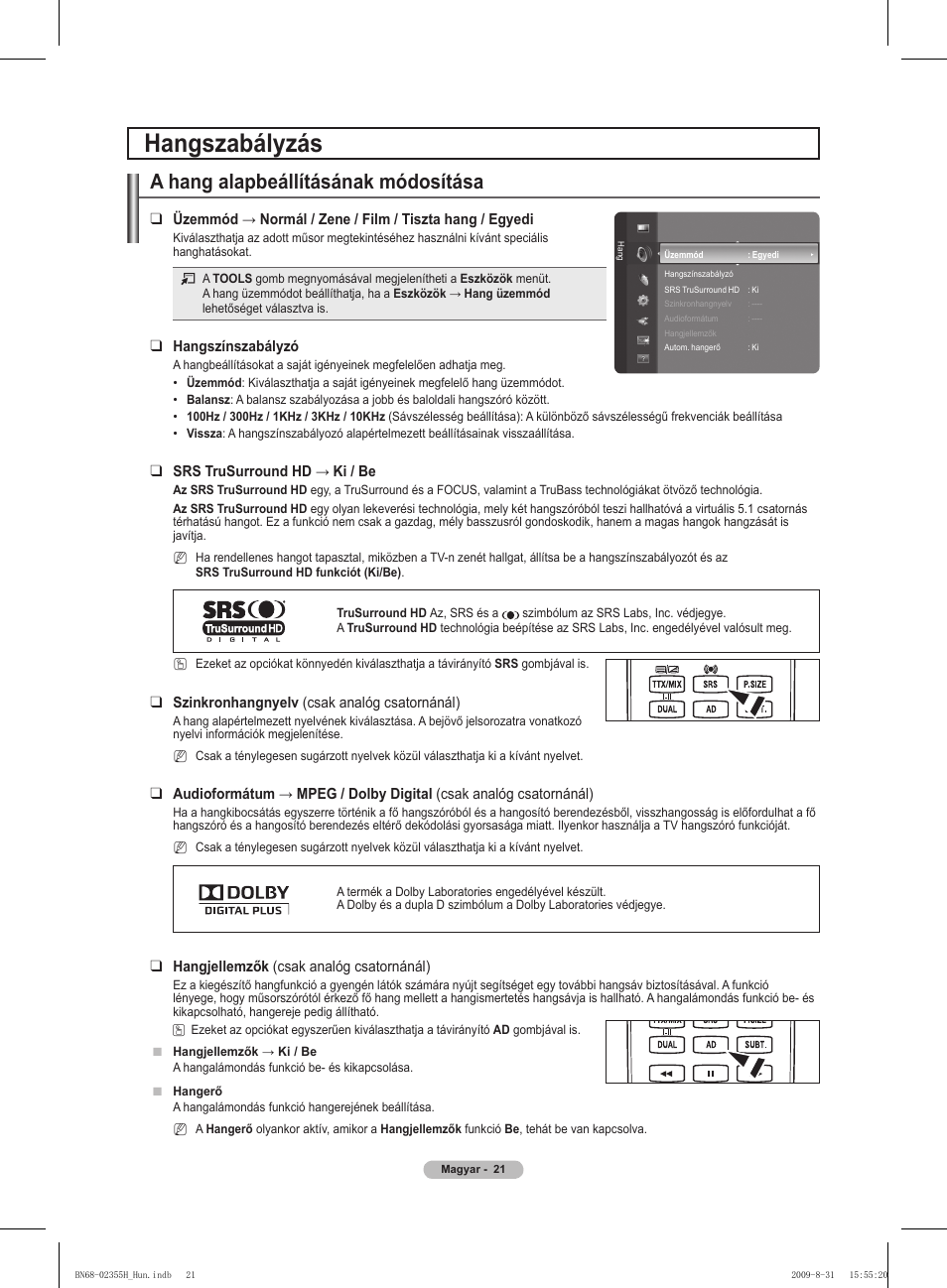 Hangszabályzás, A hang alapbeállításának módosítása | Samsung PS50B530S2W User Manual | Page 59 / 382