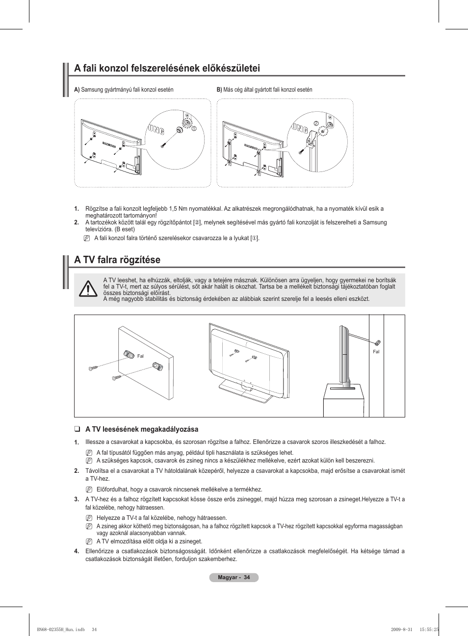 경고 주의 경고 주의, A tv falra rögzítése, A fali konzol felszerelésének előkészületei | Samsung PS50B530S2W User Manual | Page 72 / 382