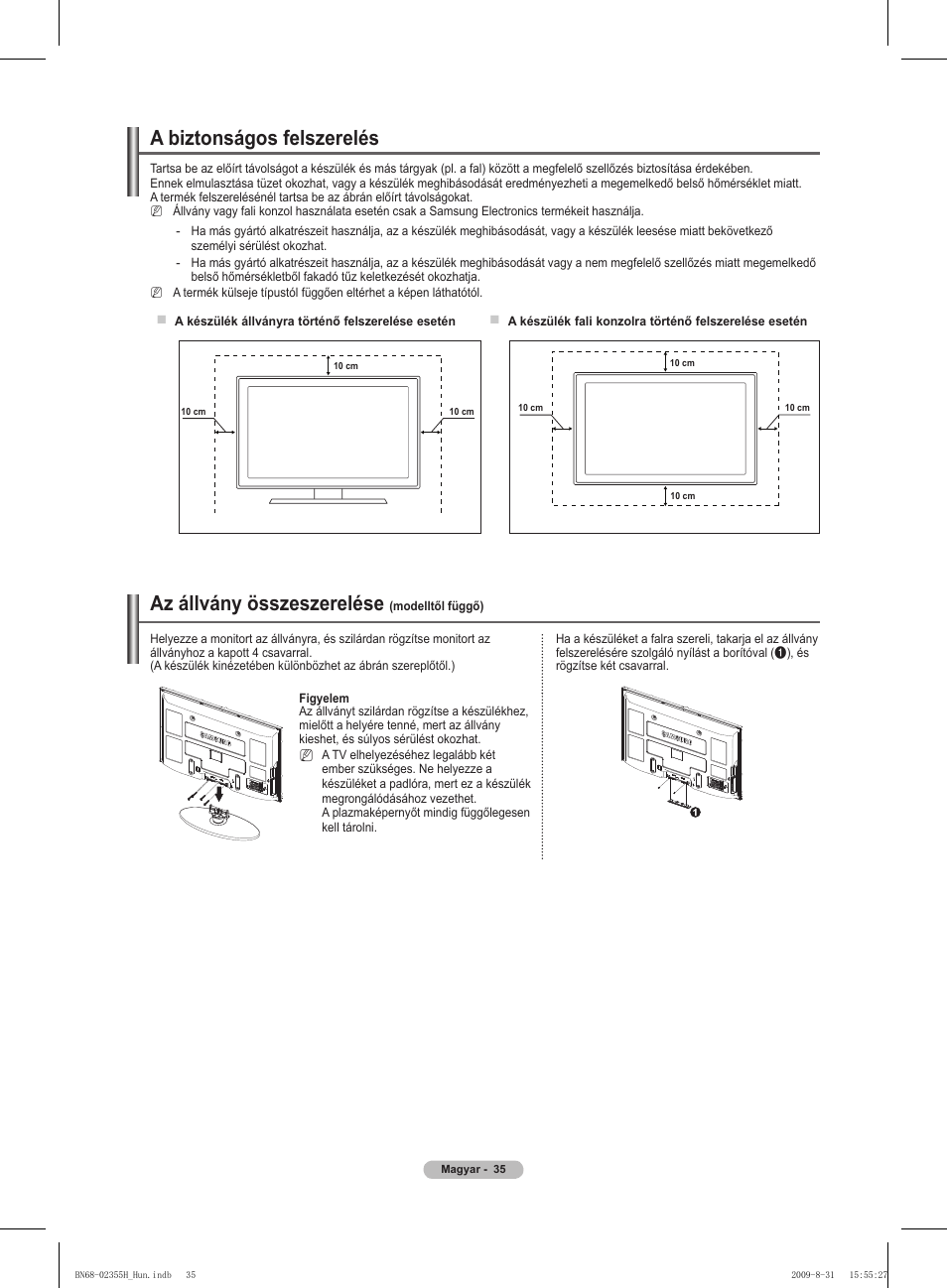 A biztonságos felszerelés, Az állvány összeszerelése | Samsung PS50B530S2W User Manual | Page 73 / 382