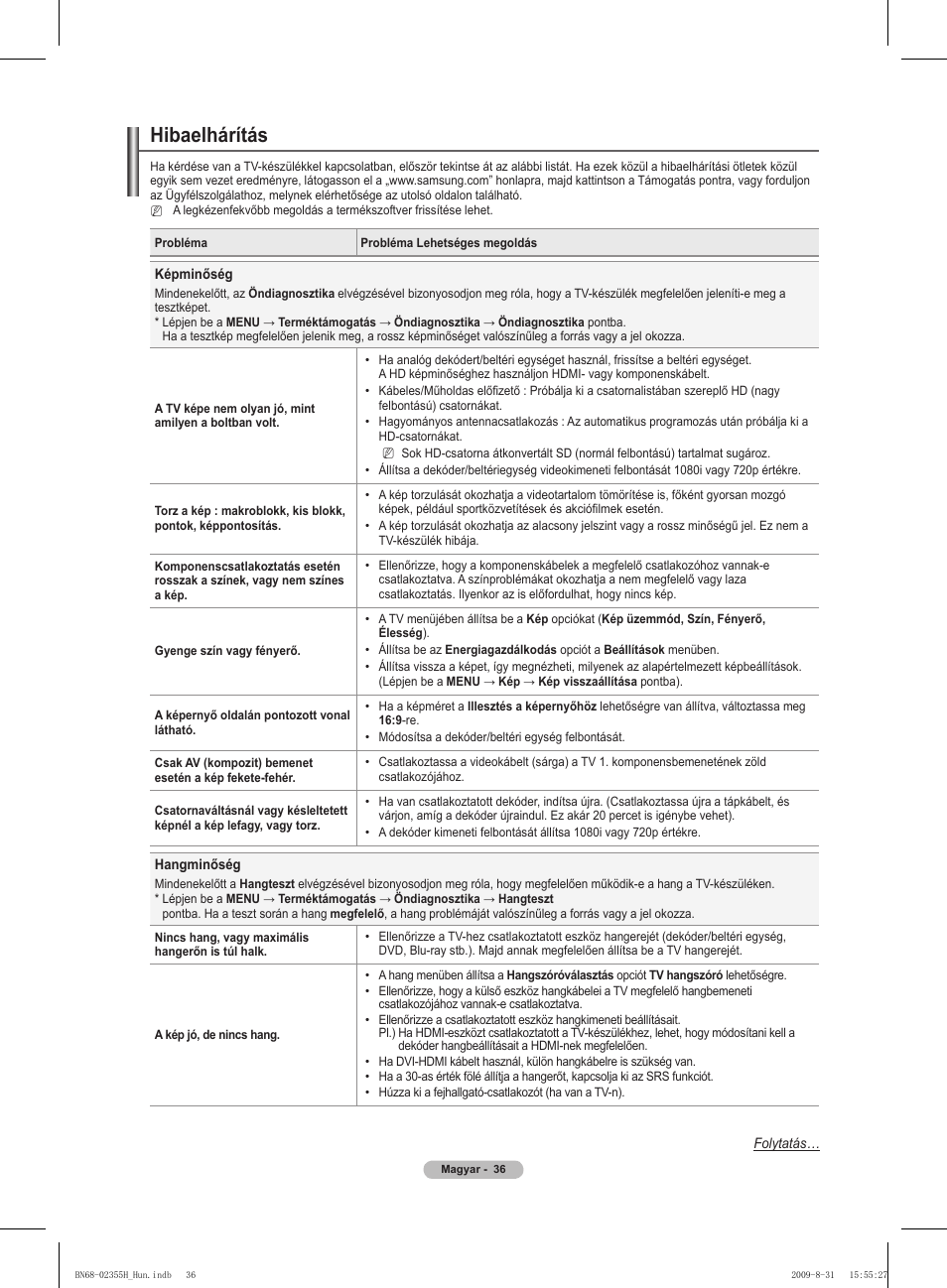 Hibaelhárítás | Samsung PS50B530S2W User Manual | Page 74 / 382