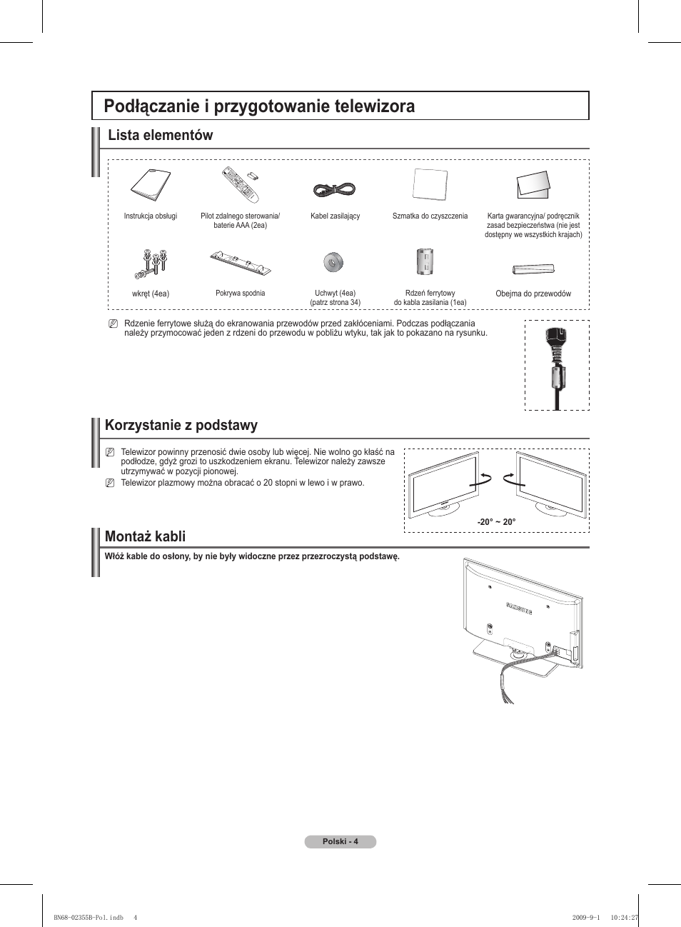 Podłączanie i przygotowanie telewizora, Lista elementów, Korzystanie z podstawy | Montaż kabli | Samsung PS50B530S2W User Manual | Page 80 / 382