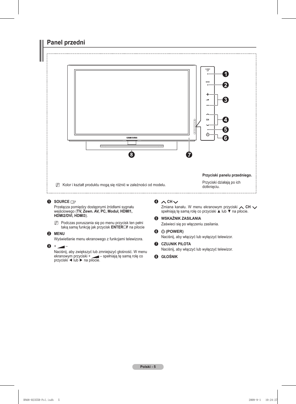 Panel przedni | Samsung PS50B530S2W User Manual | Page 81 / 382