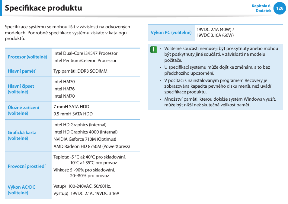 Specifikace produktu | Samsung NP370R5E User Manual | Page 127 / 133