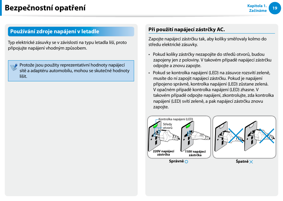 Bezpečnostní opatření, Používání zdroje napájení v letadle, Při použití napájecí zástrčky ac | Samsung XE500T1C User Manual | Page 20 / 117