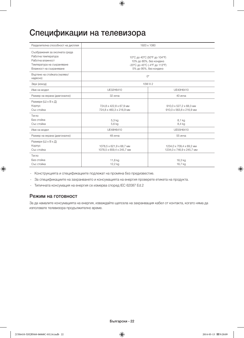 Спецификации на телевизора, Режим на готовност | Samsung UE32H6410SS User Manual | Page 110 / 353