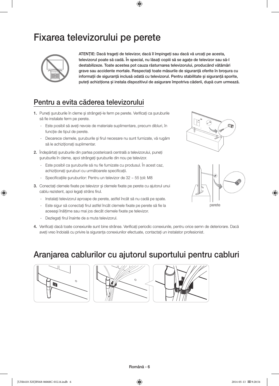Fixarea televizorului pe perete, Pentru a evita căderea televizorului | Samsung UE32H6410SS User Manual | Page 182 / 353