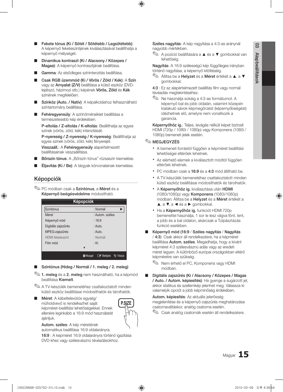 Képopciók | Samsung PS42C450B1W User Manual | Page 55 / 401