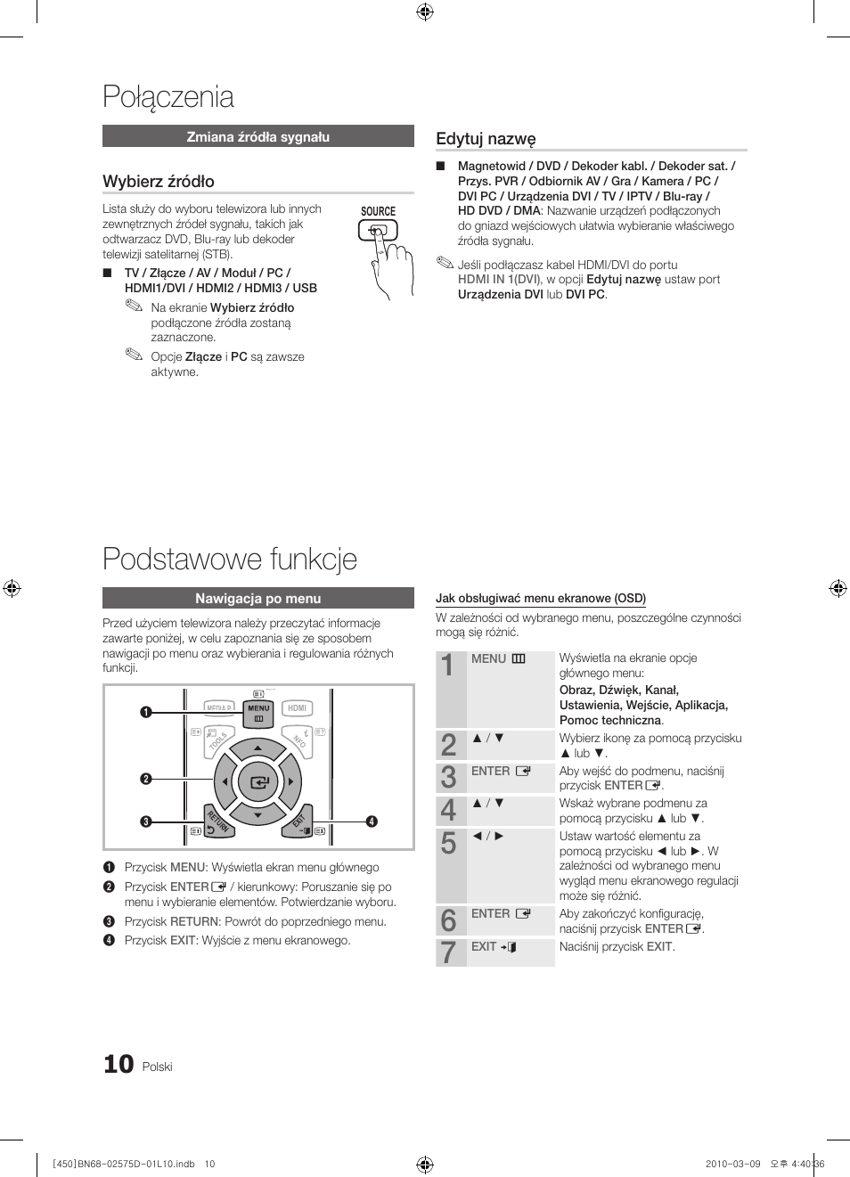 Połączenia podstawowe funkcje, Wybierz źródło, Edytuj nazwę | Samsung PS42C450B1W User Manual | Page 90 / 401