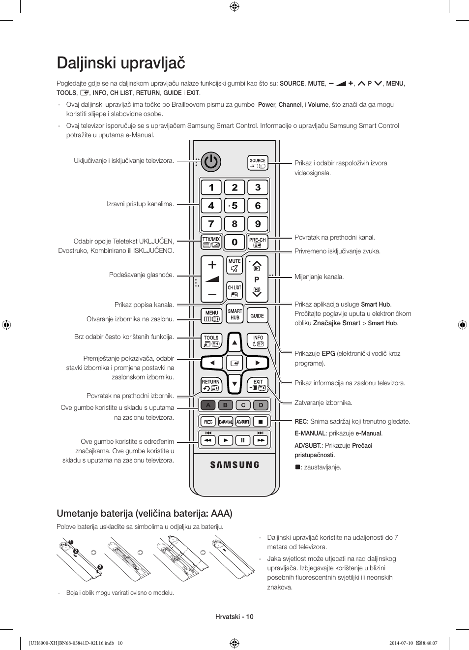 Daljinski upravljač, Umetanje baterija (veličina baterija: aaa) | Samsung UE48H8000ST User Manual | Page 120 / 353
