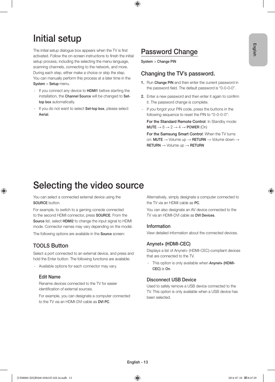 Initial setup, Selecting the video source, Password change | Changing the tv’s password, Button, Tools | Samsung UE48H8000ST User Manual | Page 13 / 353