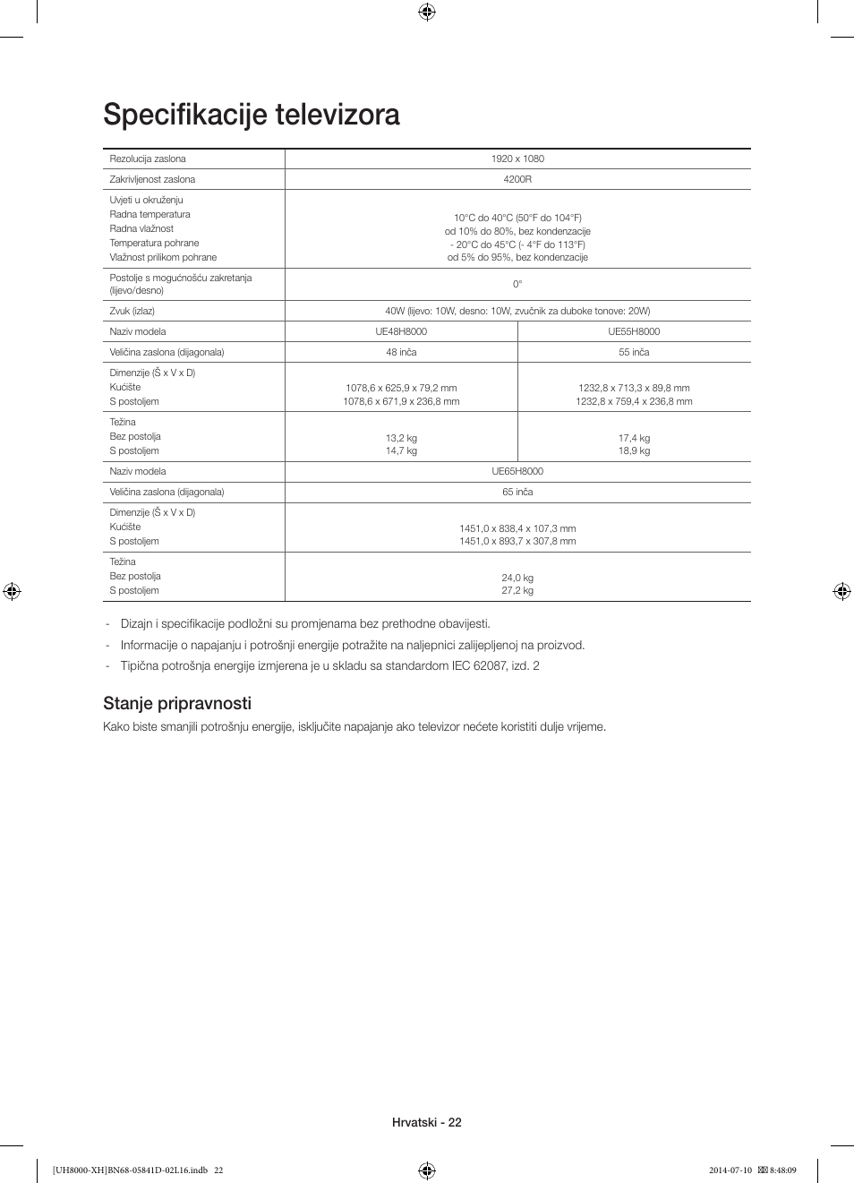 Specifikacije televizora, Stanje pripravnosti | Samsung UE48H8000ST User Manual | Page 132 / 353