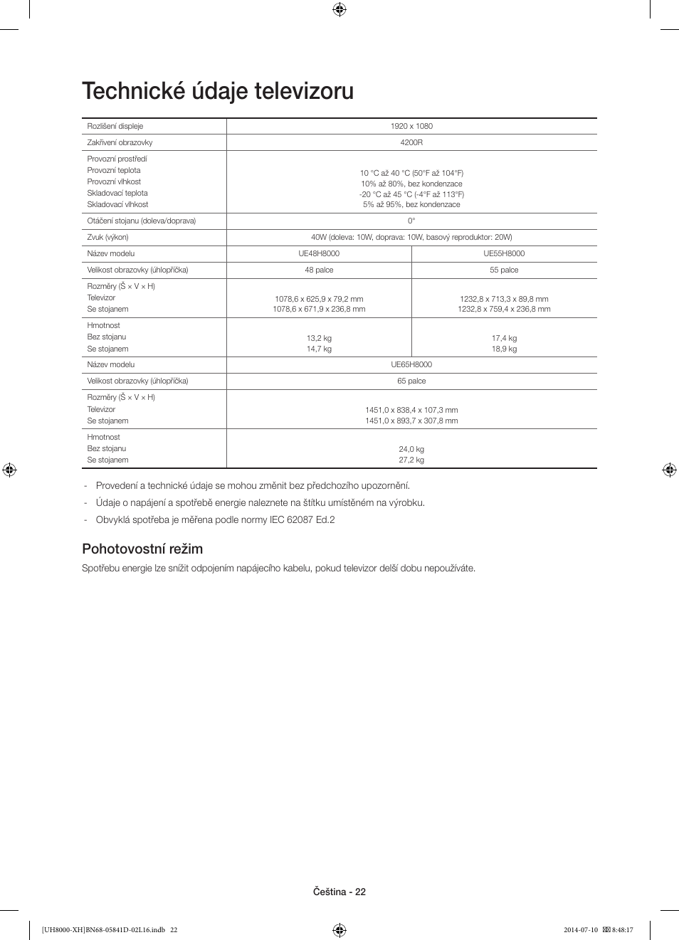 Technické údaje televizoru, Pohotovostní režim | Samsung UE48H8000ST User Manual | Page 154 / 353
