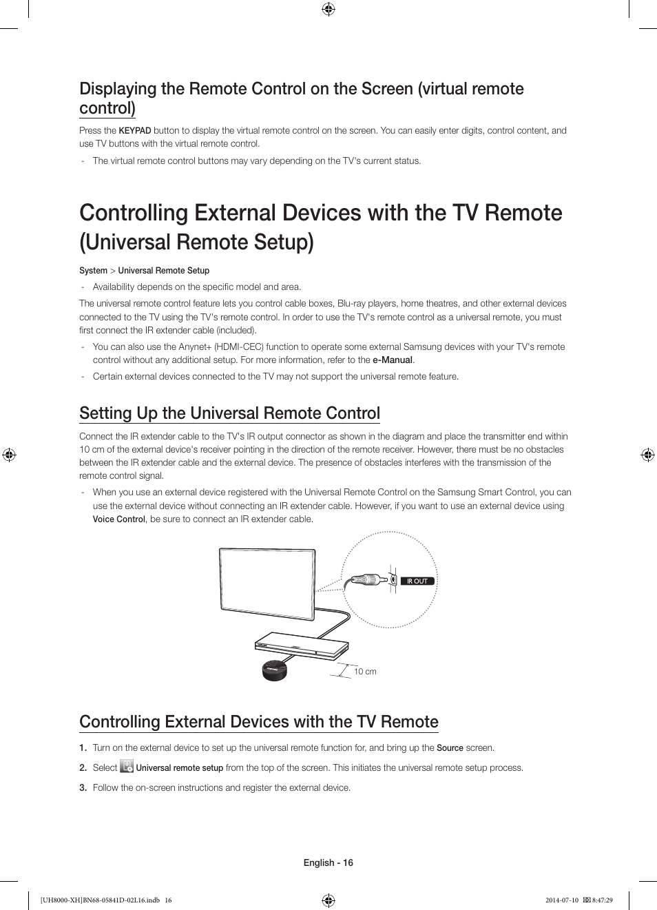 Controlling external devices with the tv remote, Universal remote setup, Setting up the universal remote control | Samsung UE48H8000ST User Manual | Page 16 / 353