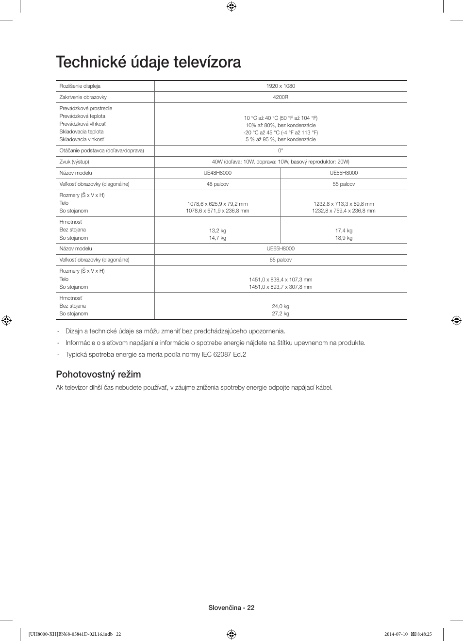 Technické údaje televízora, Pohotovostný režim | Samsung UE48H8000ST User Manual | Page 176 / 353