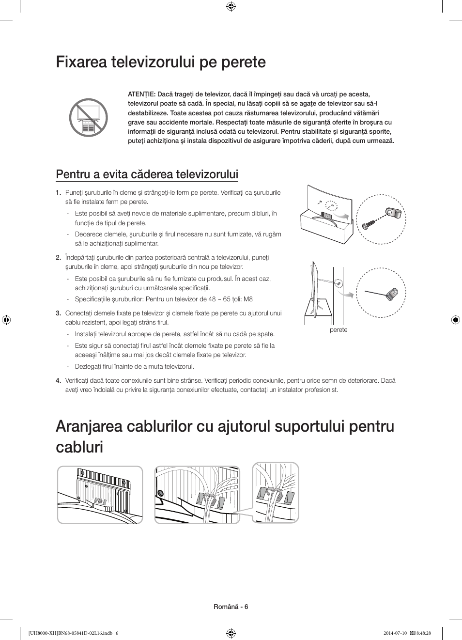 Fixarea televizorului pe perete, Pentru a evita căderea televizorului | Samsung UE48H8000ST User Manual | Page 182 / 353