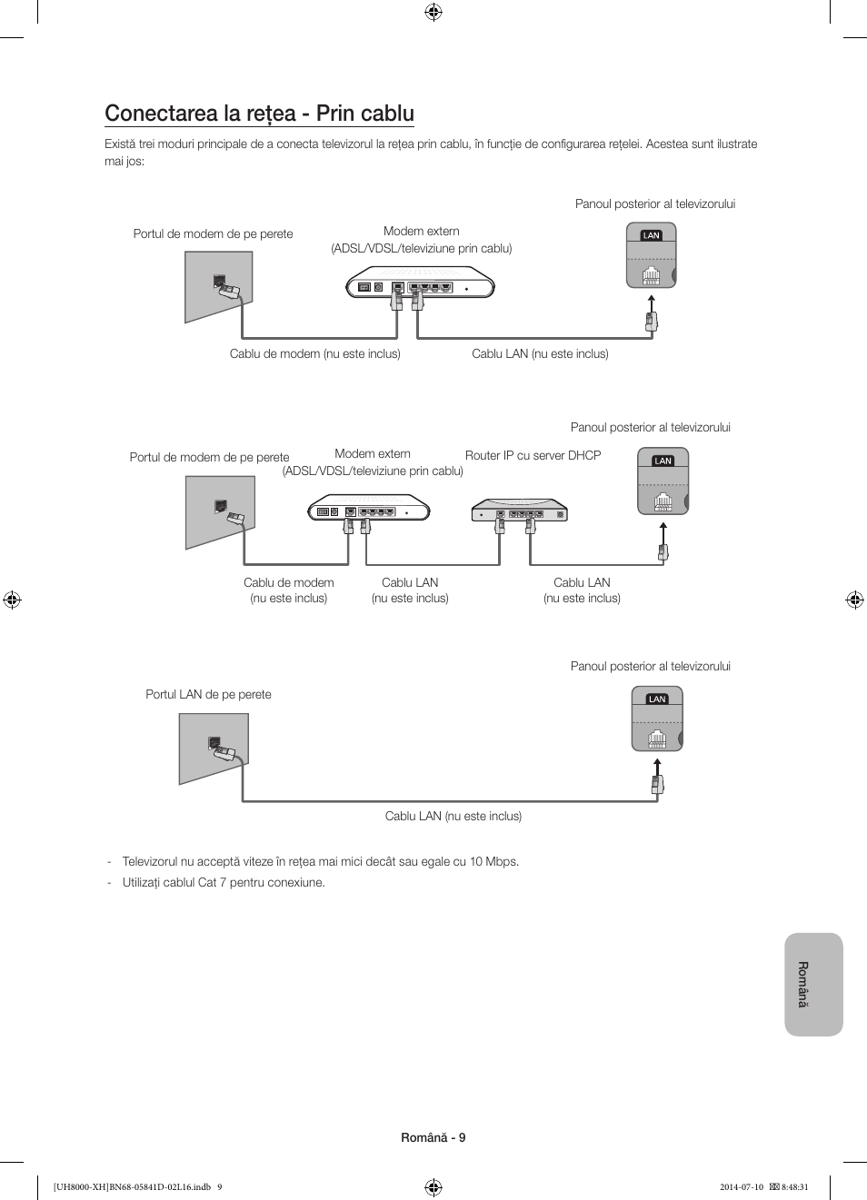 Conectarea la reţea - prin cablu | Samsung UE48H8000ST User Manual | Page 185 / 353