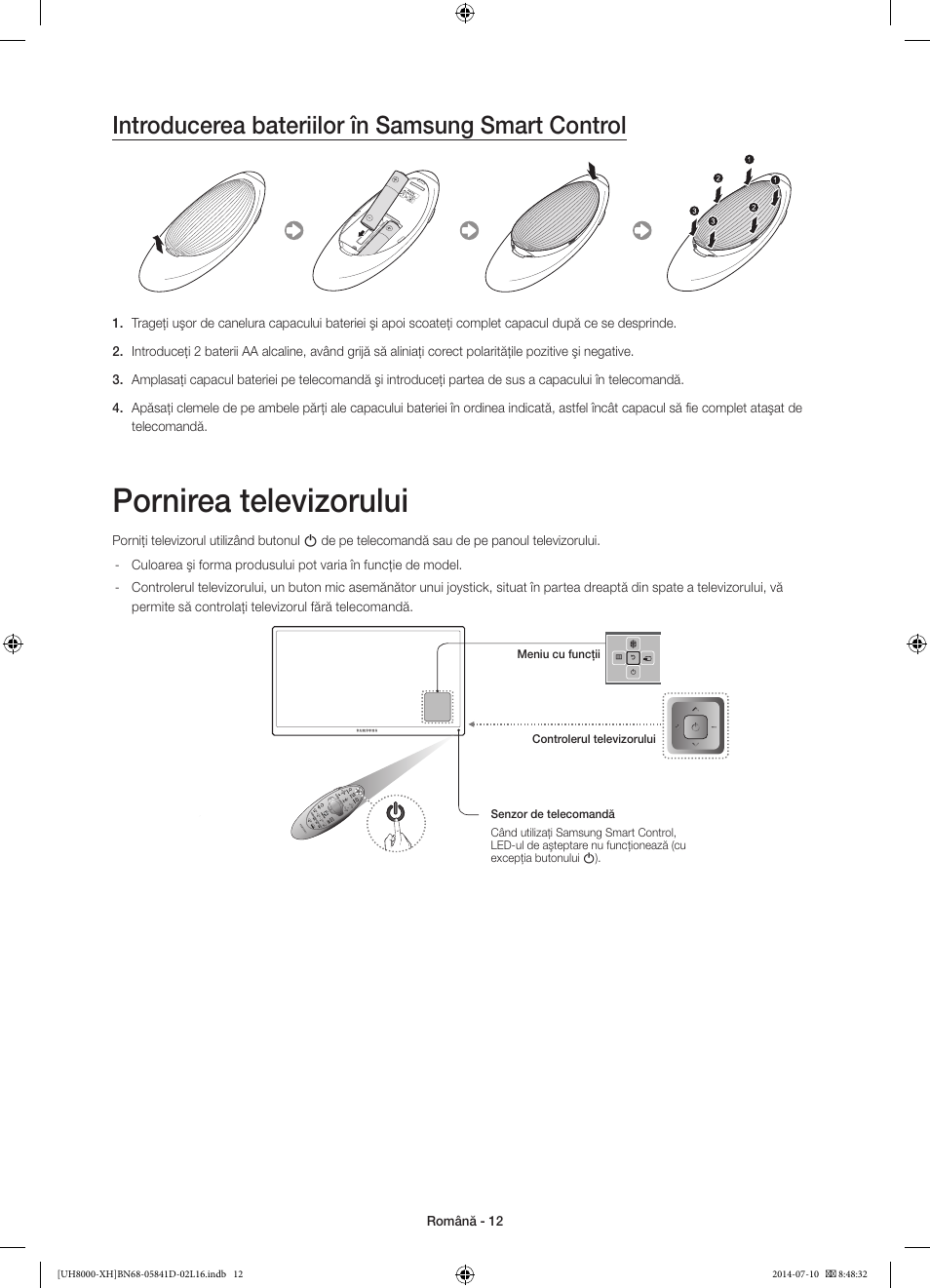 Pornirea televizorului, Introducerea bateriilor în samsung smart control | Samsung UE48H8000ST User Manual | Page 188 / 353