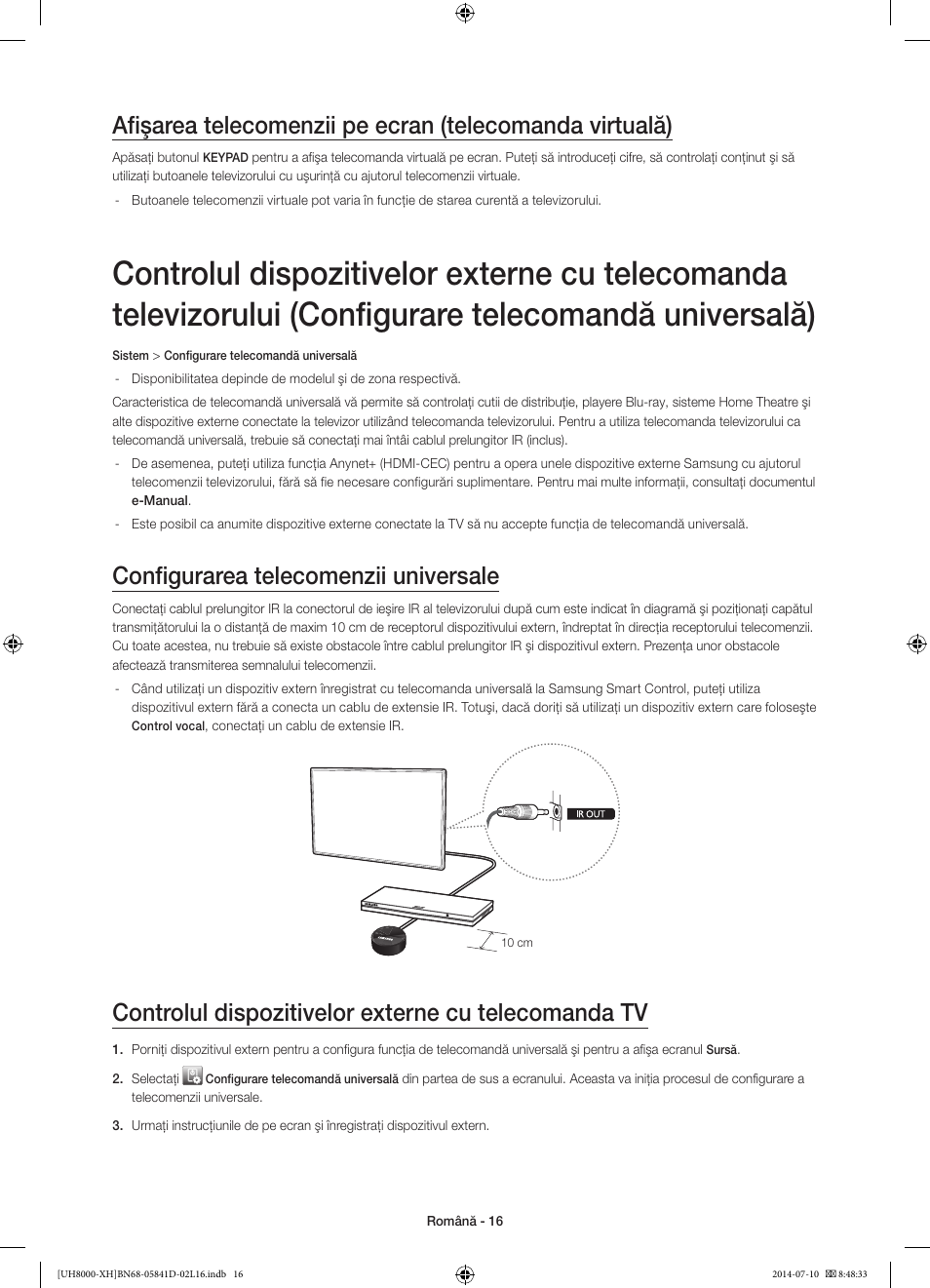 Configurarea telecomenzii universale, Controlul dispozitivelor externe cu telecomanda tv | Samsung UE48H8000ST User Manual | Page 192 / 353