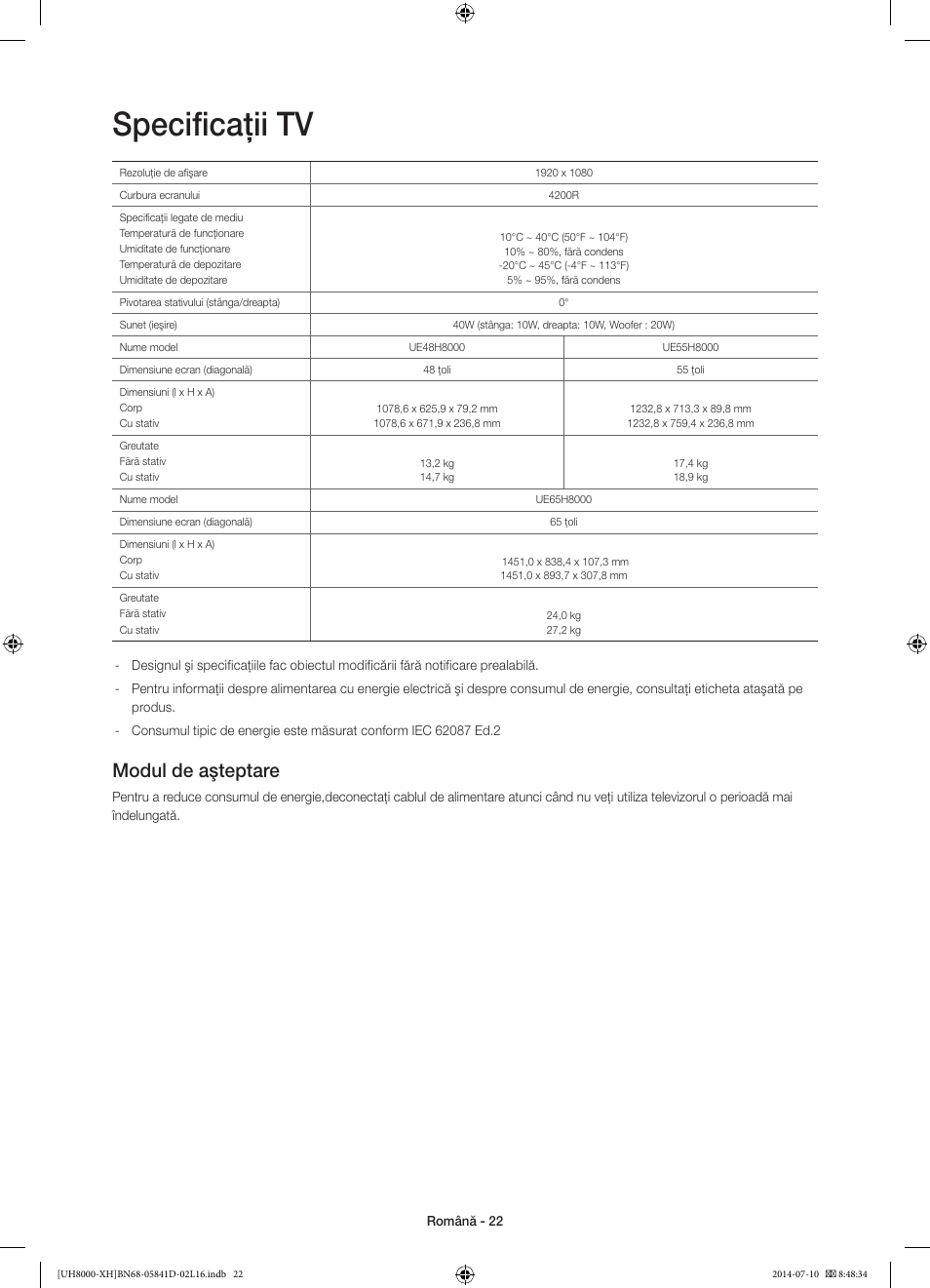 Specificaţii tv, Modul de aşteptare | Samsung UE48H8000ST User Manual | Page 198 / 353