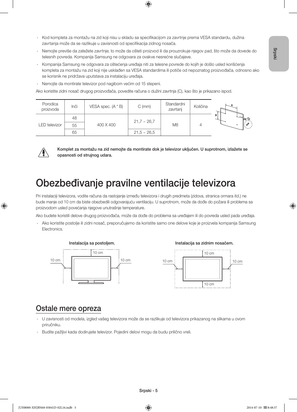 Obezbeđivanje pravilne ventilacije televizora, Ostale mere opreza | Samsung UE48H8000ST User Manual | Page 203 / 353