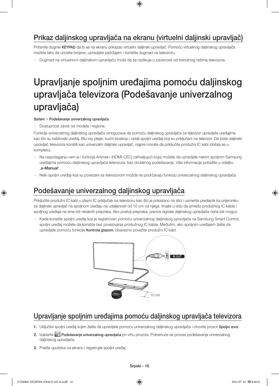 Podešavanje univerzalnog daljinskog upravljača | Samsung UE48H8000ST User Manual | Page 214 / 353