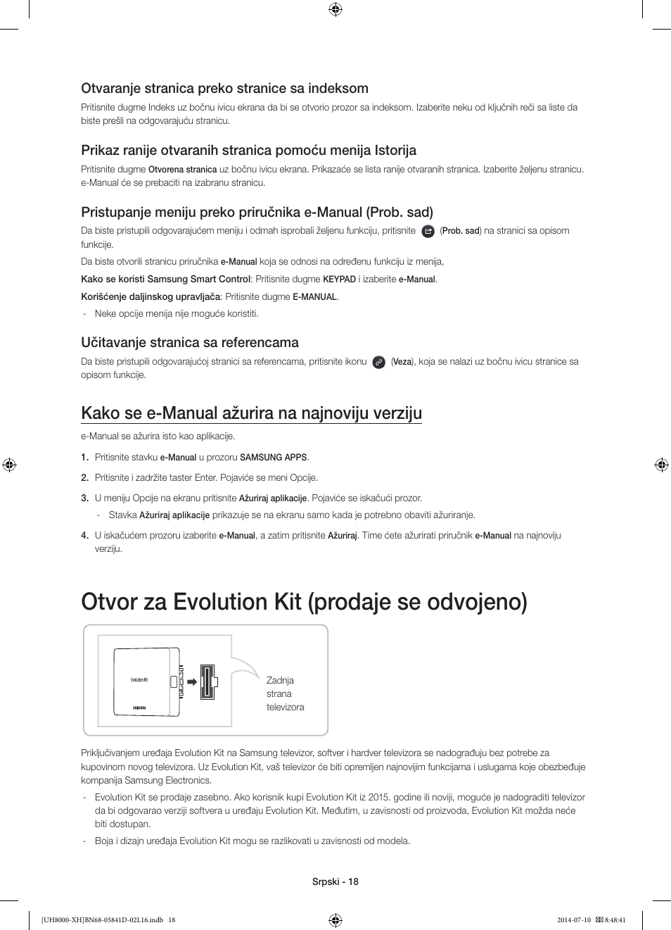 Otvor za evolution kit (prodaje se odvojeno), Kako se e-manual ažurira na najnoviju verziju, Otvaranje stranica preko stranice sa indeksom | Učitavanje stranica sa referencama | Samsung UE48H8000ST User Manual | Page 216 / 353