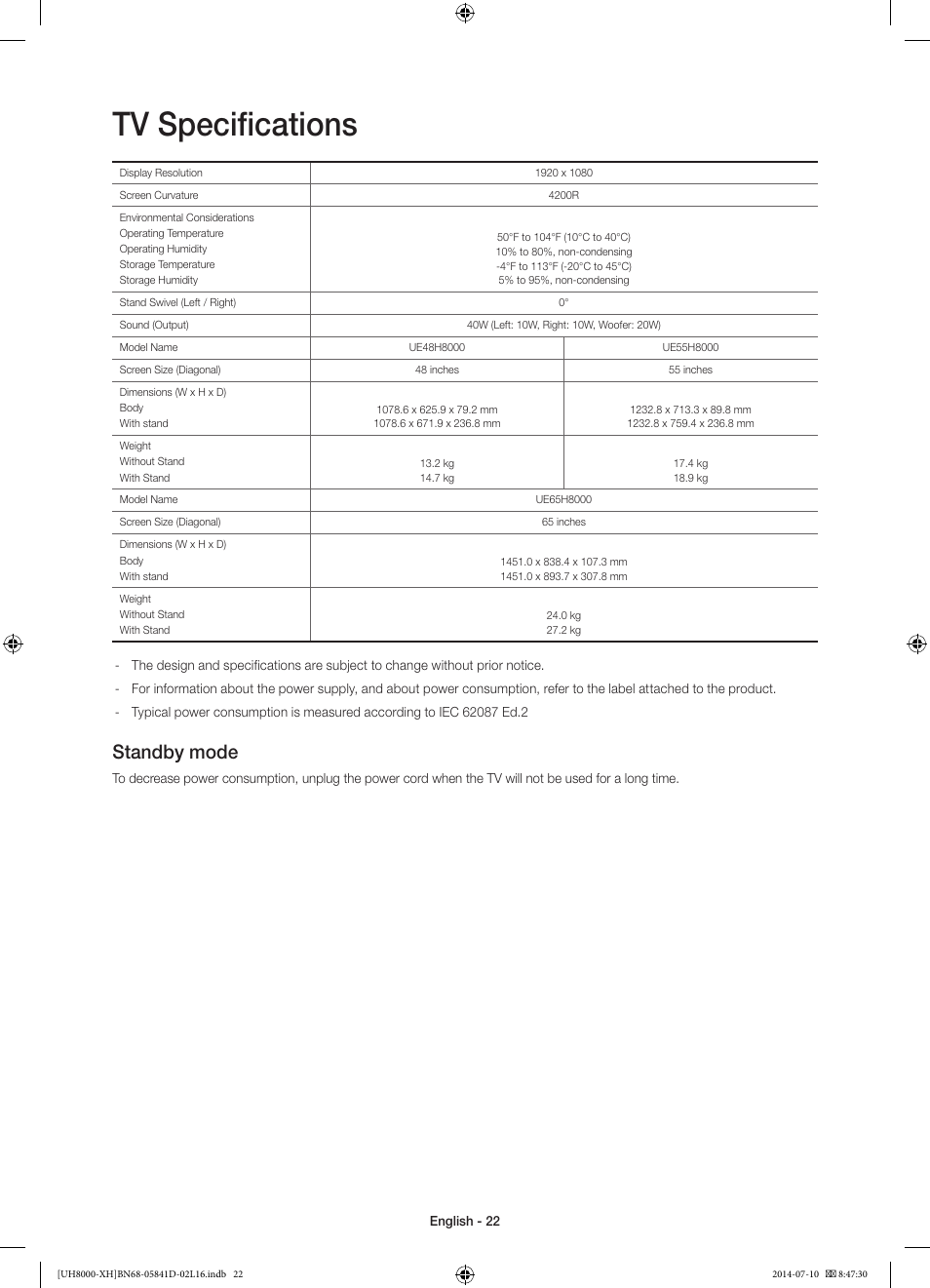 Tv specifications, Standby mode | Samsung UE48H8000ST User Manual | Page 22 / 353