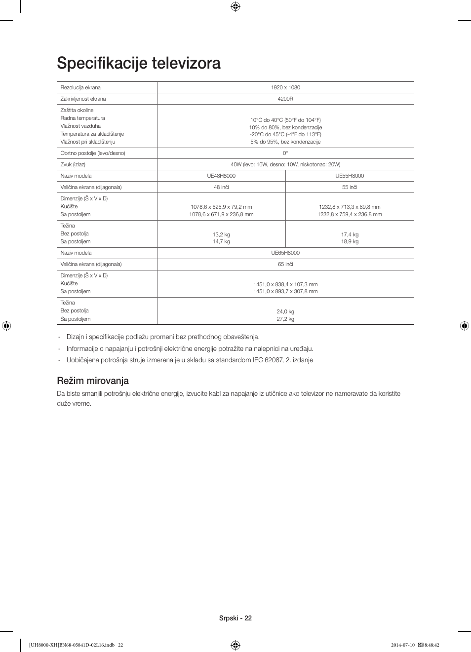 Specifikacije televizora, Režim mirovanja | Samsung UE48H8000ST User Manual | Page 220 / 353